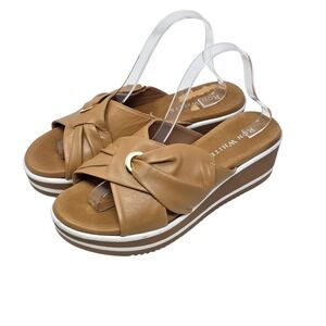 RON WHITE Caramel Nappa Leather Bow Wedge Slide Sandals Size EU41/US10-$325